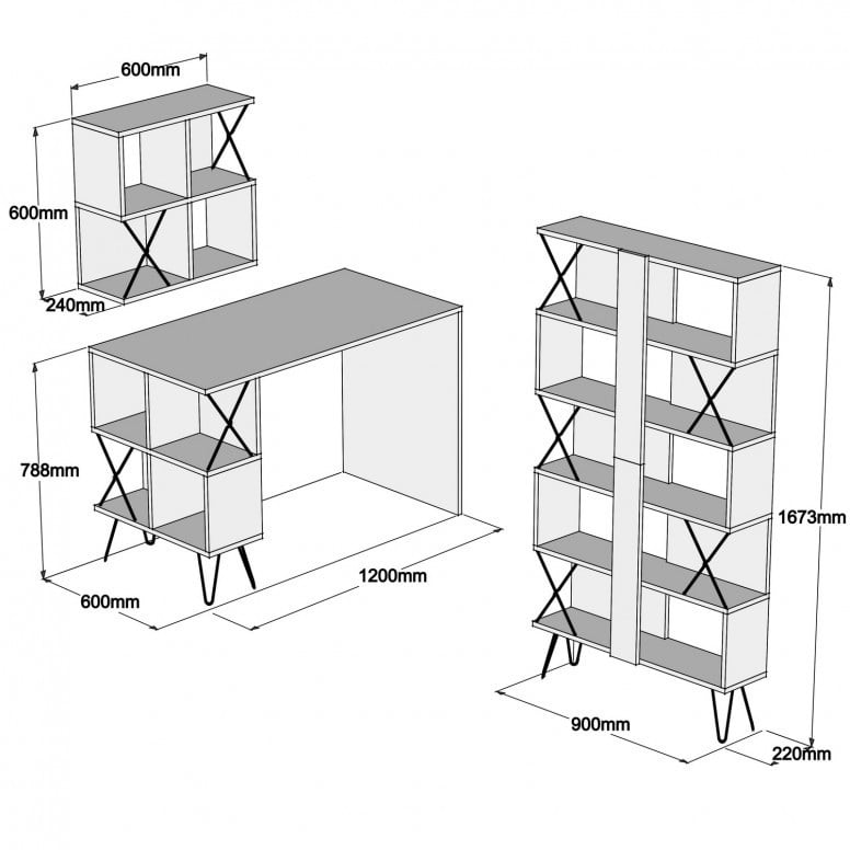 Birou cu Biblioteca Salvador, model Extra2, 120x78.8x60 cm, Nuc/Negru