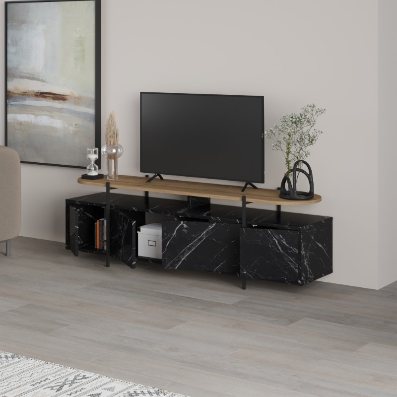 Comodă TV Model Ondine, Negru marmorat/Natur, 160x35.5x48 cm - 2 | YEO