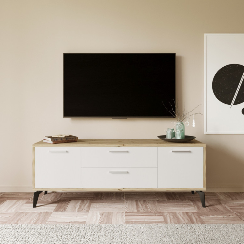 Comoda TV Salvador, Model Sude, 150x55x40 cm, Alb/Nuc