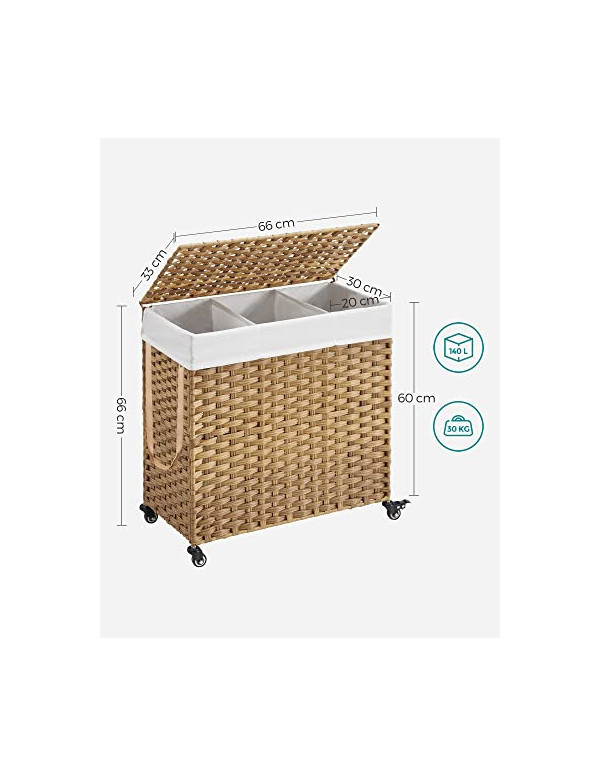 Cos pentru rufe cu roti, Songmics, 140L, Natural, 66 x 33 x 60 cm - 3 | YEO