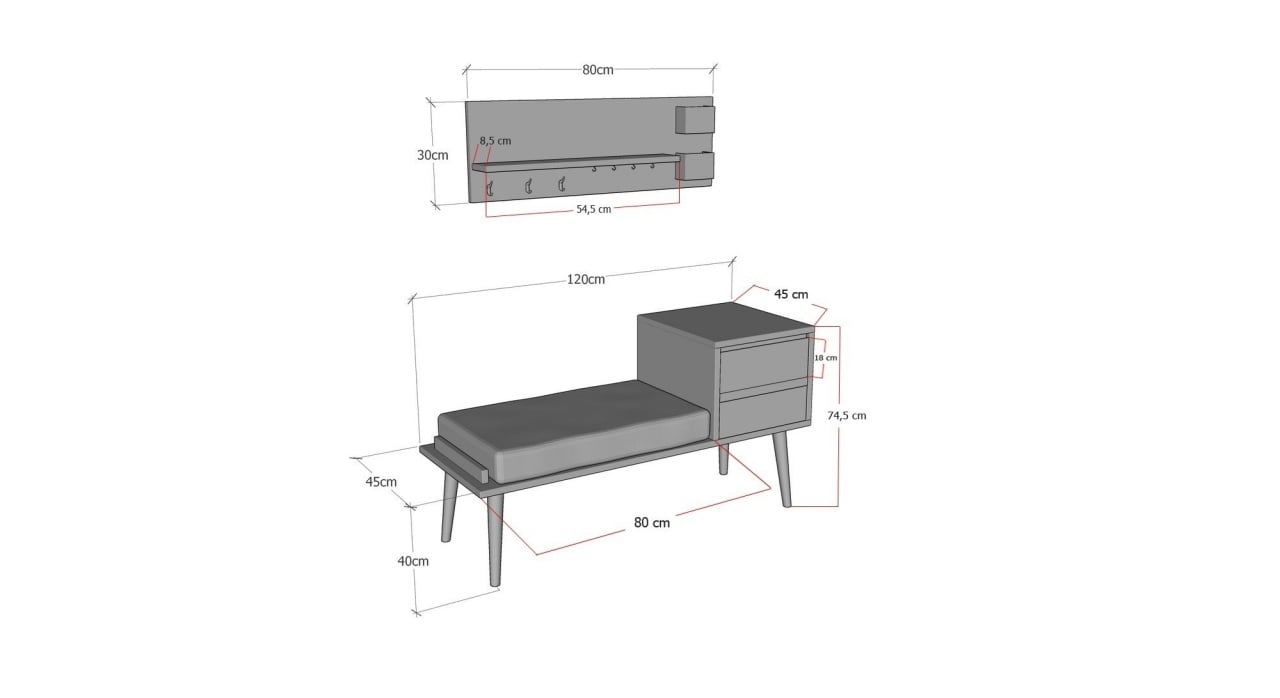 Cuier cu bancuta Model Hamra, Antracit/Gri/Nuc, 80x30x8.5 cm