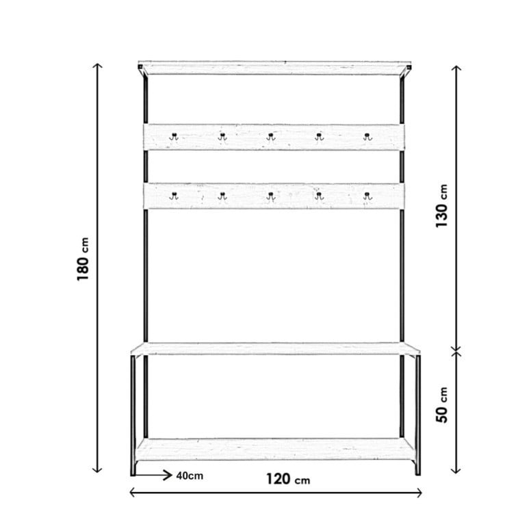 Cuier cu bancuta si suport pantofi Model Portmanto, Nuc/Negru, 120x40x180 cm