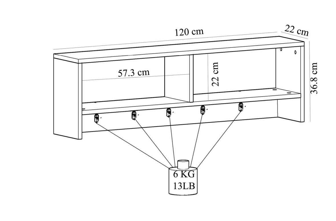 Cuier cu raft Model Sarandon, Antracit/Alb, 120x22x36.8 cm