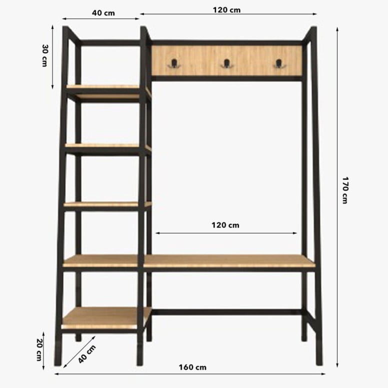 Cuier cu rafturi Model Valansiya, Negru/Pin, 160x40x170 cm