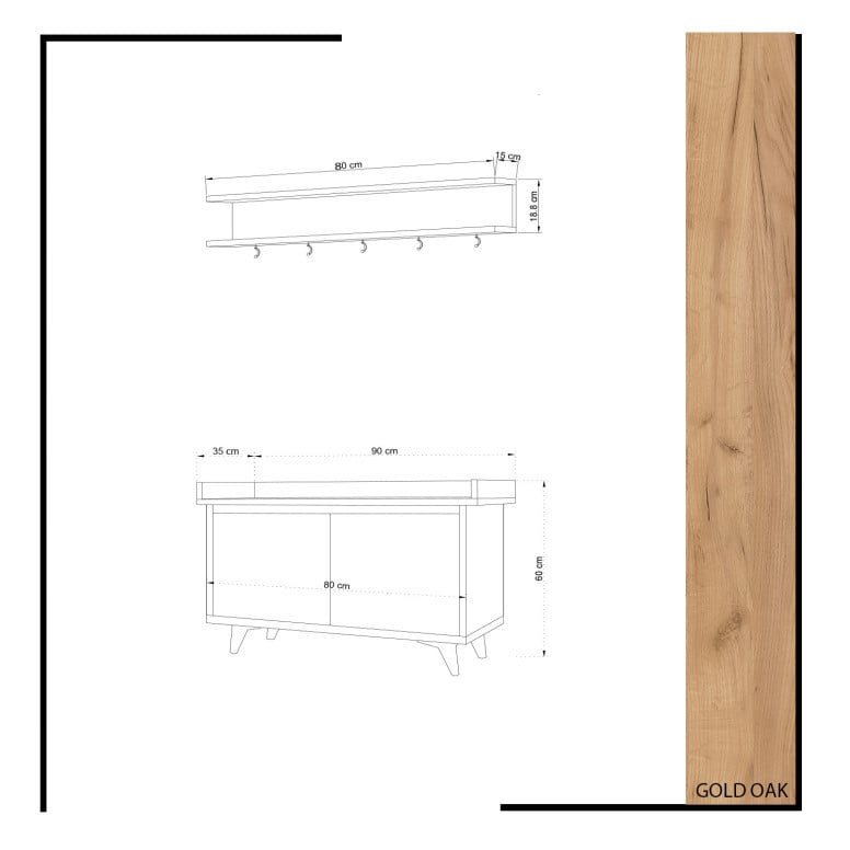 Cuier de hol cu dulap Model Stato, Stejar/Alb, 90x35x60 cm