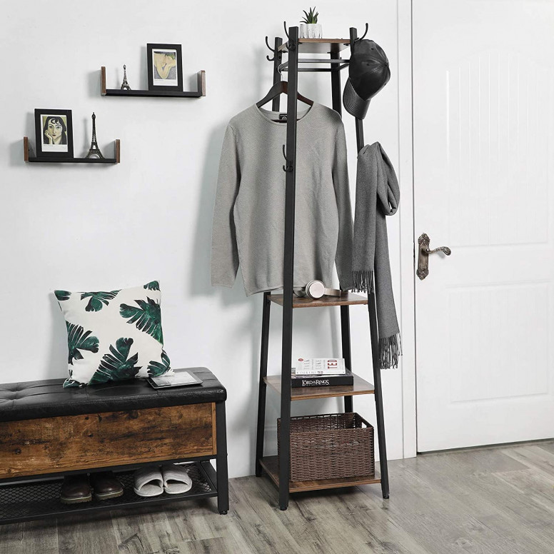 Cuier de podea cu 16 cârlige, 4 bare și 3 rafturi, stil industrial, Maro Rustic/Negru, 43 × 43 × 180 cm - Imagine 4