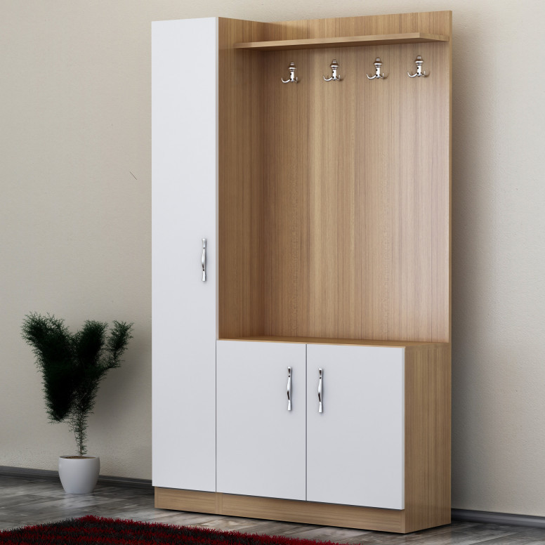 Cuier hol cu dulap Model Jensen, Alb/Teak, 110x31.8x180 cm