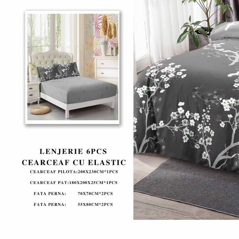 Lenjerie cu Elastic 180x200 cm, Grey Garden 6 Piese (Finet) - 1 | YEO