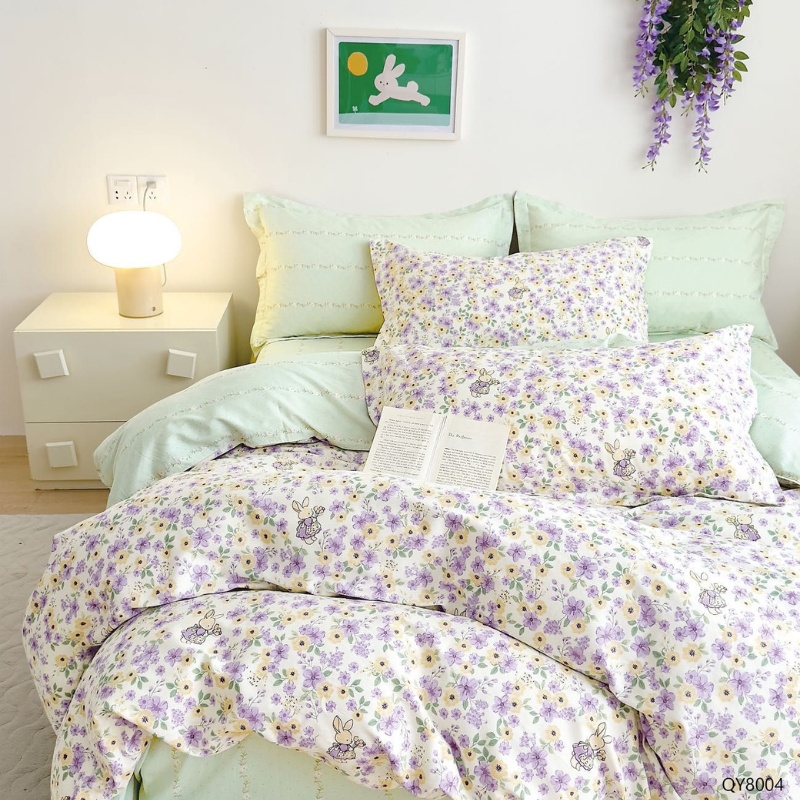 Lenjerie cu Elastic 180x200, Purple Blossom 4 Piese (Bumbac 100% Percale)