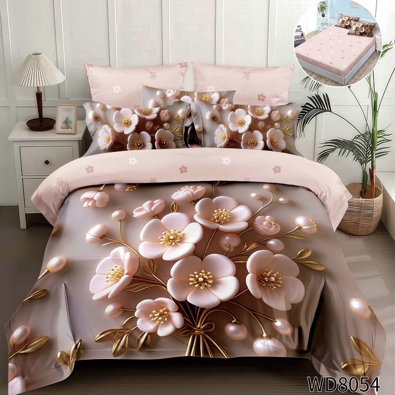 Lenjerie de pat Finet 5D Digital Print cu elastic – 4 piese, Blossom Pearl Bouquet