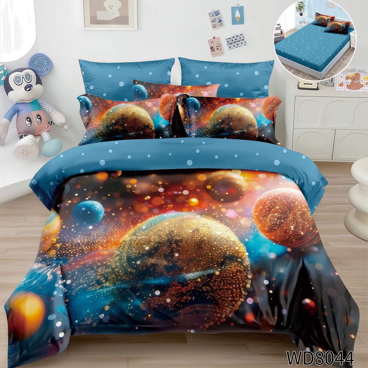 Lenjerie de pat Finet 5D Digital Print cu elastic – 4 piese, Galaxy Magic Glow