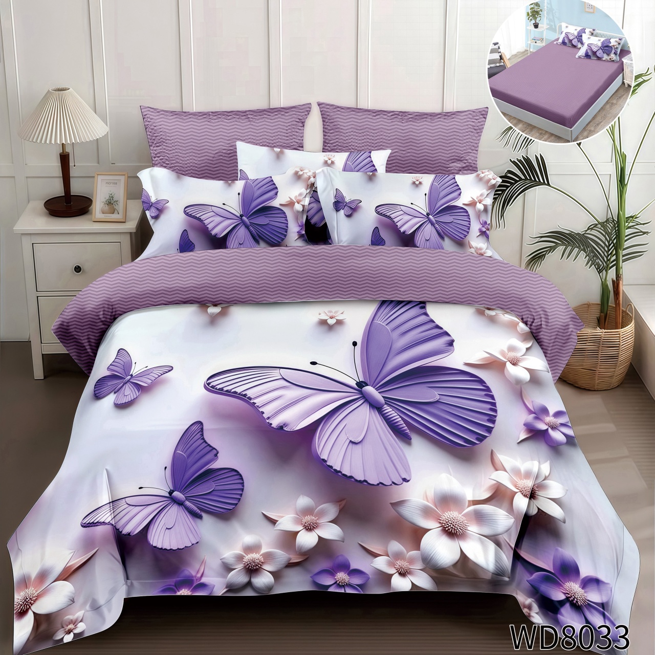 Lenjerie de pat Finet 5D Digital Print cu elastic – 4 piese, Lavender Butterfly Garden