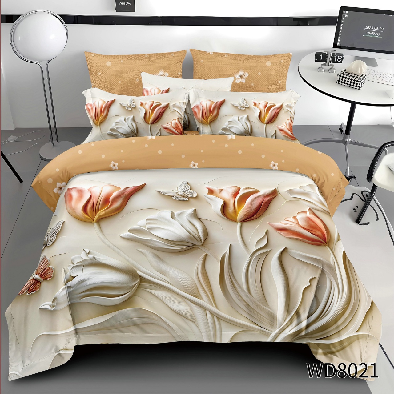 Lenjerie de pat Finet 5D Digital Print cu elastic – 4 piese, Tulip Harmony