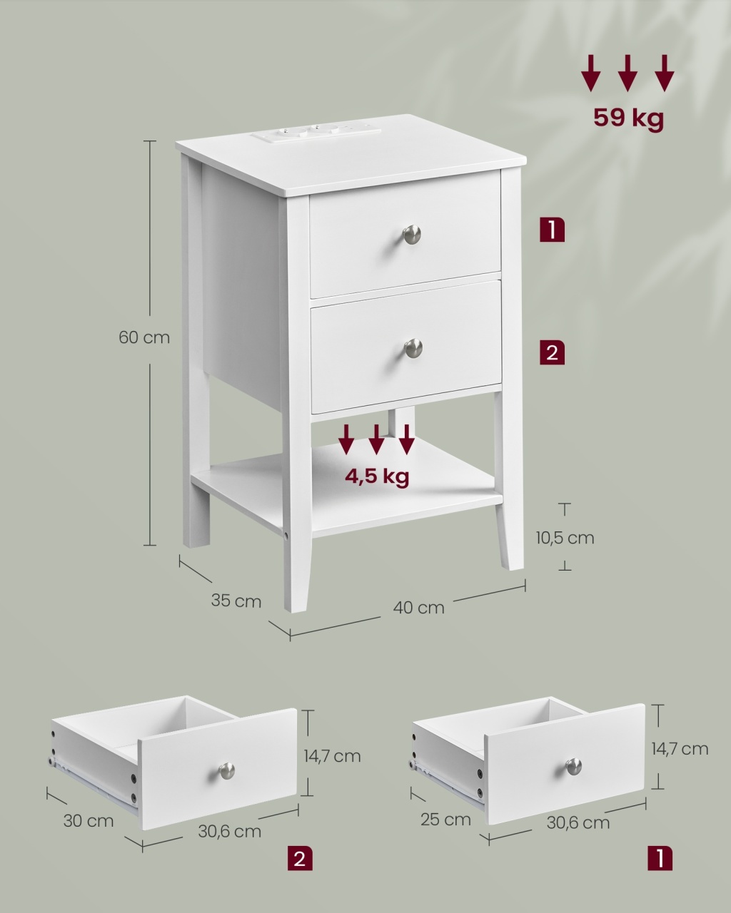 Noptiera Vasagle Alb 40x35x60 cm - 5 | YEO