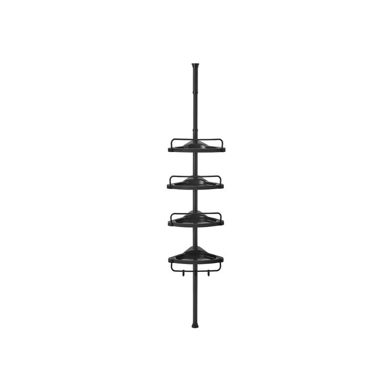 Raft de Colt Reglabil pentru Baie, cu Suport Telescopic pentru dus, 85-305 cm, de la podea pana la tavan, cu 4 Tavi, 3 Carlige, Negru