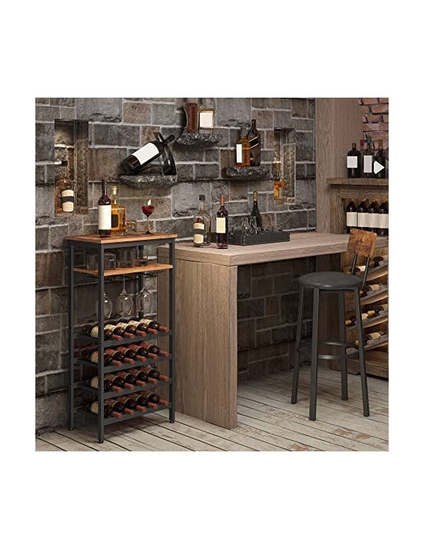 Raft pentru sticle de vin si suport pahare Model Elliott, capacitate 20 sticle, Maro rustic/Negru, 50x32x100 cm