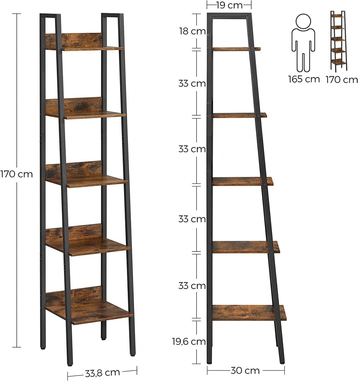 Raft tip Scară cu 5 Polițe Model Judson, Maro/Negru, 33.8x30x170 cm - 2 | YEO