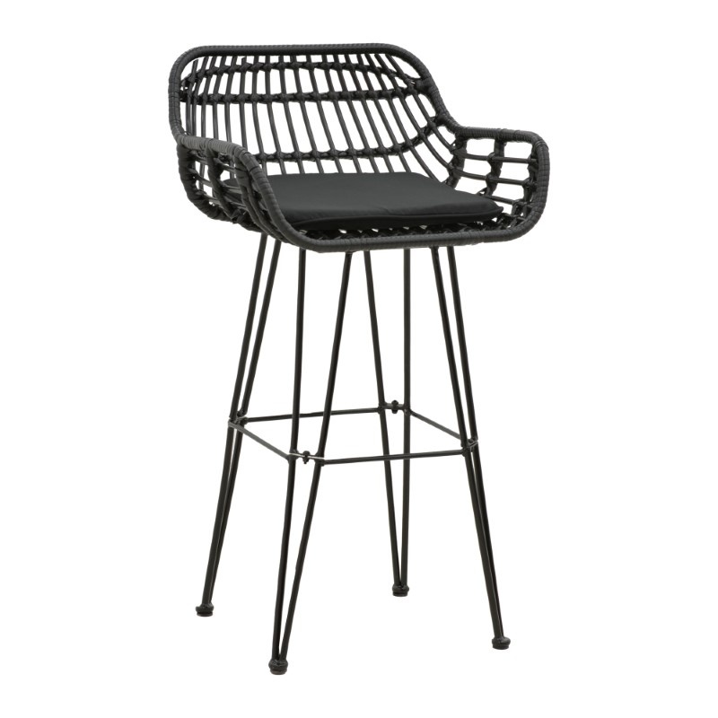 Scaun de bar pentru exterior, Model Naoki, culoare negru, metal si poliratan, 52x50x90 cm - 1 | YEO