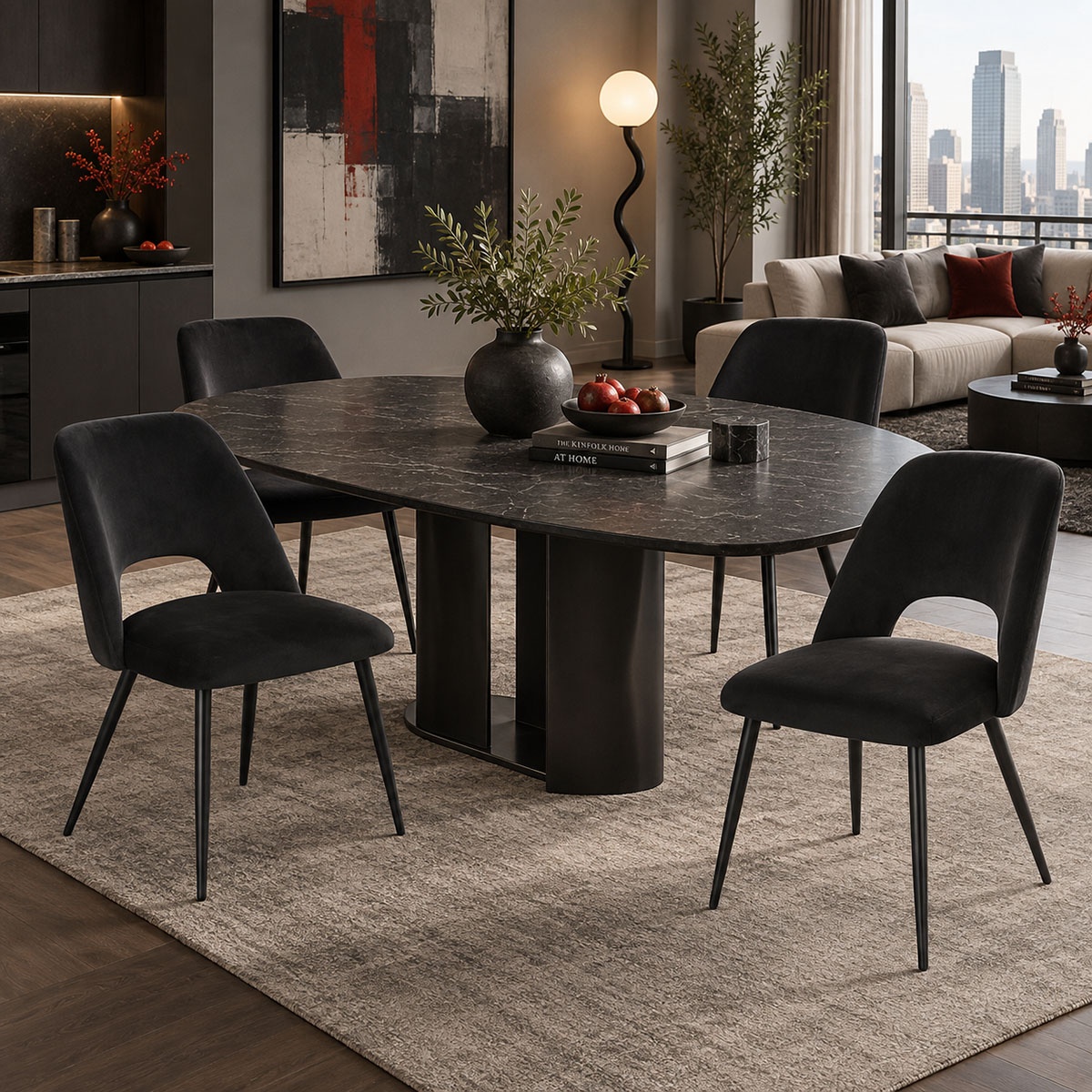 Scaun dining Nelda, tapițat cu catifea, Negru, 44 × 58 × 82 cm