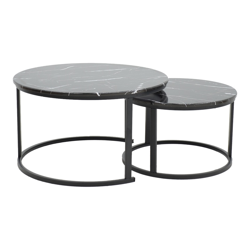 Set 2 Masute de Cafea Model Revelon, Negru marmorat/Negru, 80x80x45 cm - 2 | YEO