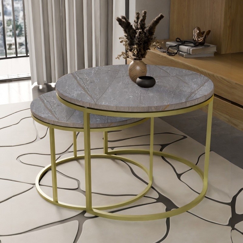 Set 2 Masute de Cafea Model Solme, Gri marmorat/Auriu - 1 | YEO