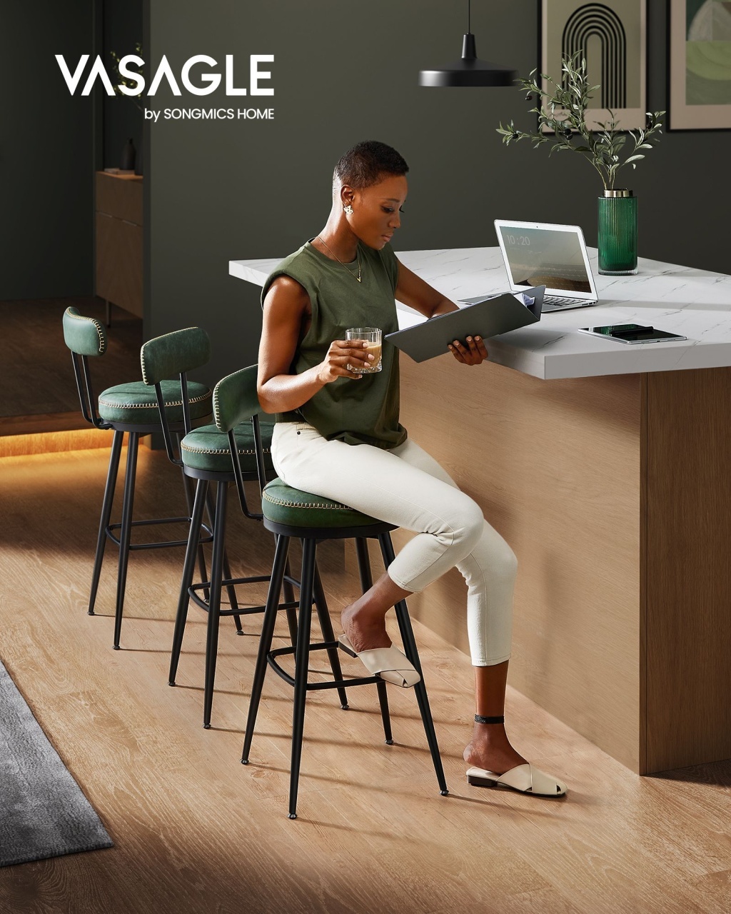 Set 2 scaune de bar Vasagle Verde 56x56x101.5 cm - 1 | YEO