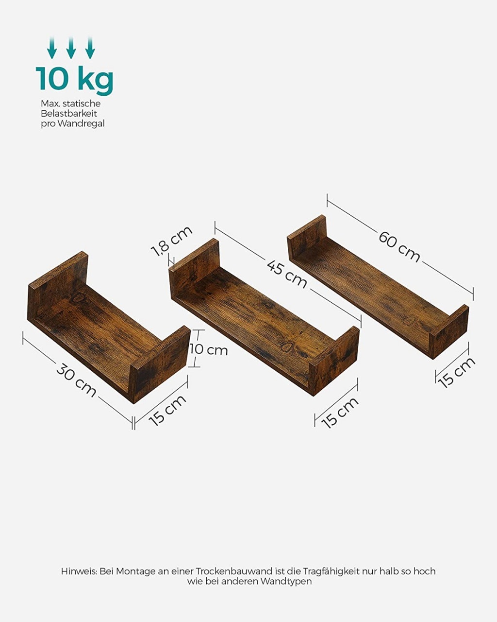 Set 3 etajere de perete, Songmics, Antic, 30x15x10 cm - 2 | YEO