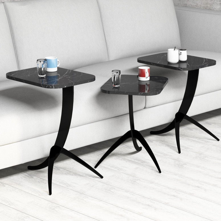 Set 3 Masute de Cafea Model Jaxxon, 35x60x45/35x54.5x45/35x48.5x45 cm, Negru Marmorat - 2 | YEO