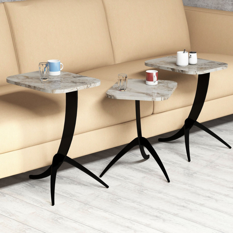 Set 3 Masute de Cafea Model Jaxxon, 35x60x45/35x54.5x45/35x48.5x45 cm, Alb Marmorat/Negru - 2 | YEO