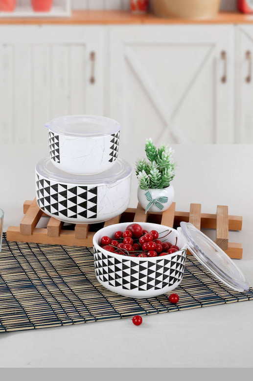 Set 6 cutii de depozitare alimente Trigon Storage Box 12/14/16 cm 3 Pieces, Alb Negru Set 6 cutii de depozitare alimente Trigon Storage Box 12/14/16 cm 3 Pieces, Alb Negru