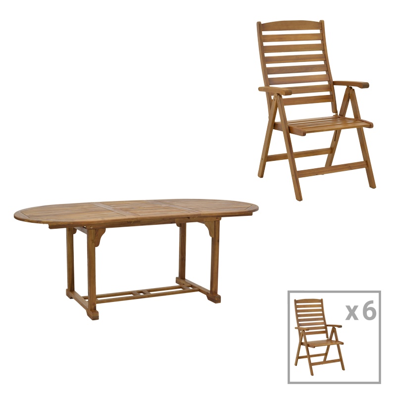 Set masa de gradina si 6 scaune, Model Warmo-Sopho, culoare natural, lemn masiv de salcam, 200/150x100x75 cm