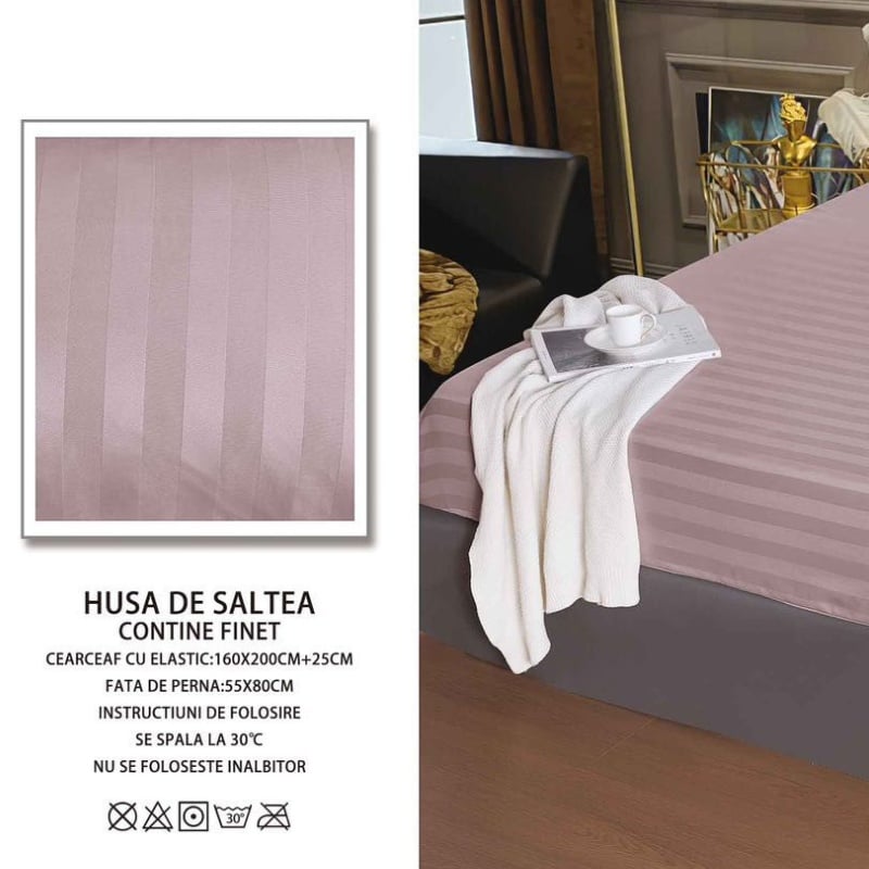 Cearsaf cu elastic 160x200 cm si 2 Fete de Perna Damasc, Atlas V12 Lavanda (Finet)