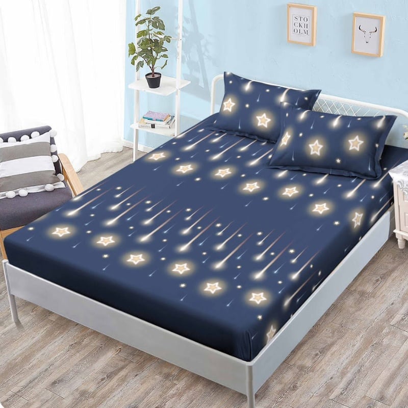 Cearsaf cu elastic si 2 Fete de Perna, Falling Stars 160x200 cm (Finet)