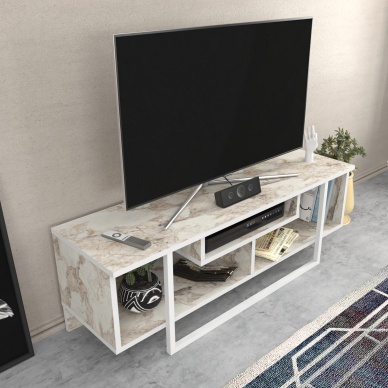 Comoda TV Salvador, Model Asal, 120x40.2x35.2 cm, Alb marmorat/Alb - 3 | YEO