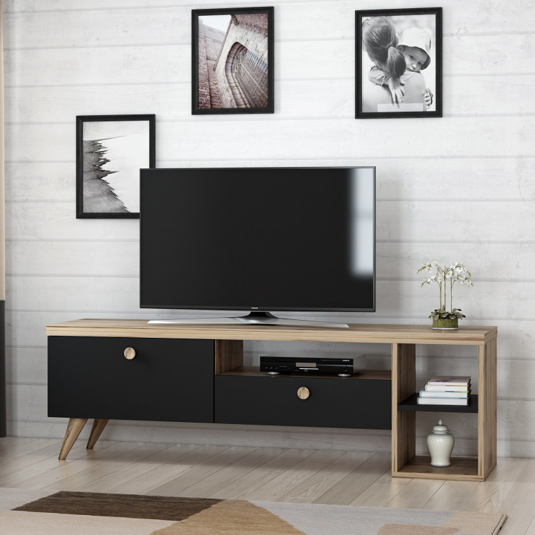 Comoda TV Salvador, Model Parion, 150x47x35 cm, Negru/Stejar - 1 | YEO