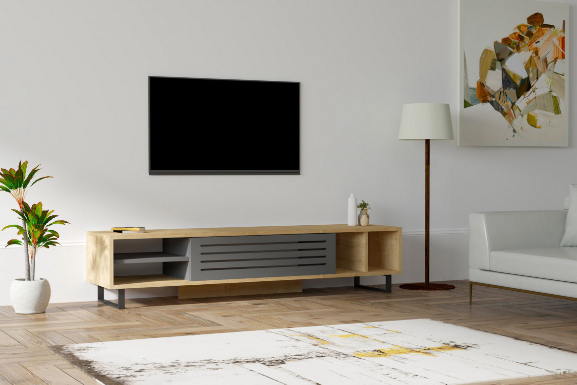 Comoda TV Salvador, Model Safir, 160x35x40 cm, Stejar safir/Antracit