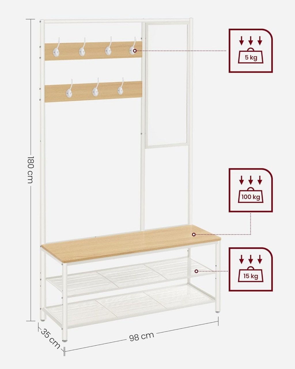 Cuier cu bancuta si suport pantofi Model Glass, Natur/Alb, 98×35×180 cm