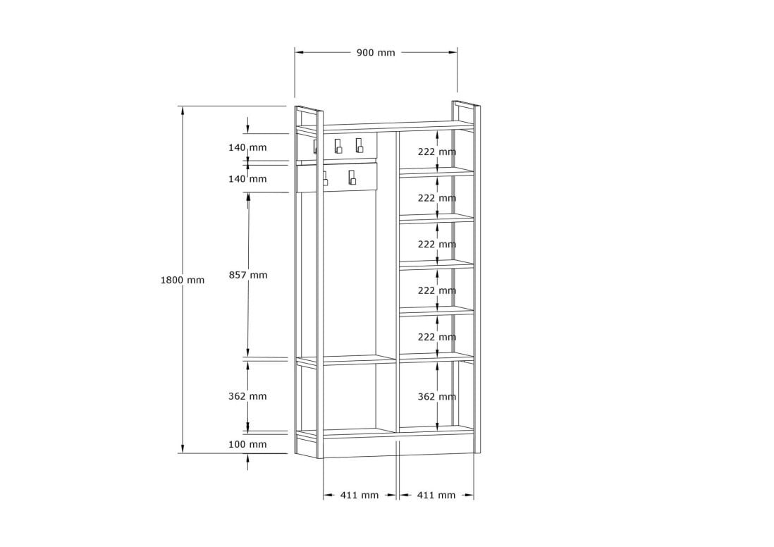 Cuier cu rafturi Model Begonya, Pin, 90x33x180 cm