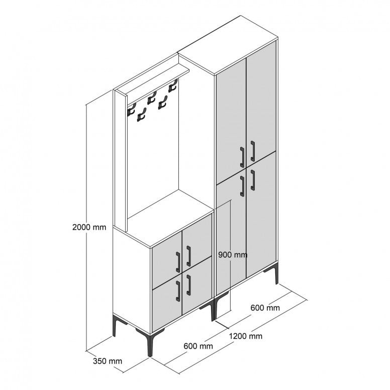 Cuier hol cu dulap Model BerlinBA, Nuc/Crem, 120x35x200 cm