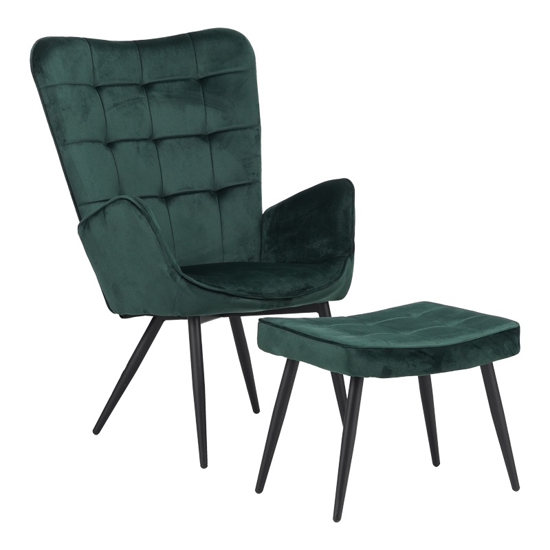 Fotoliu cu suport picioare Model Dorita, Verde inchis/Negru, 68.5x76x103 cm