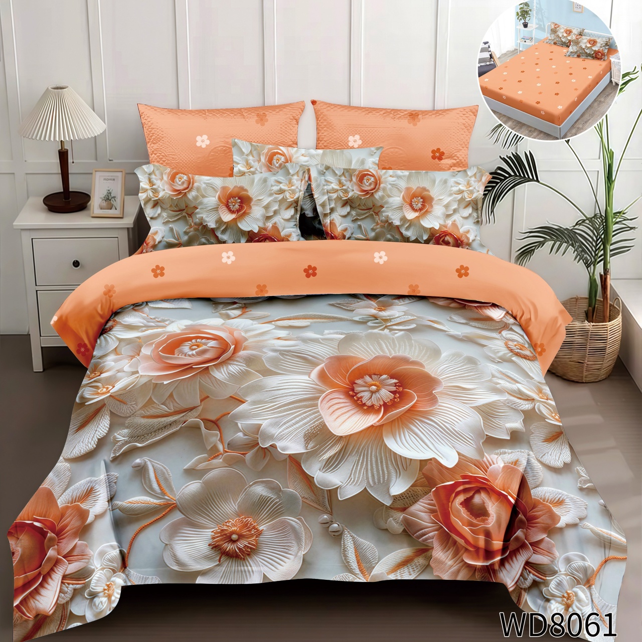 Lenjerie de pat Finet 5D Digital Print cu elastic – 4 piese, Coral Flower Elegance