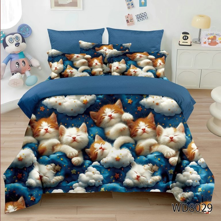 Lenjerie de pat Finet 5D Digital Print cu elastic – 4 piese, Dreamy Cloud Kittens