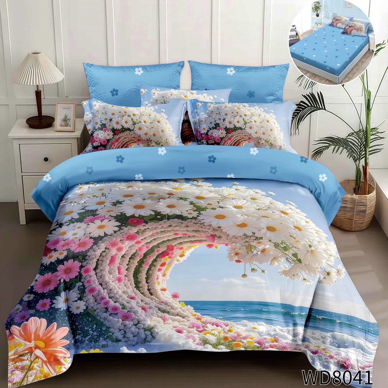 Lenjerie de pat Finet 5D Digital Print cu elastic – 4 piese, Ocean Daisy Wave