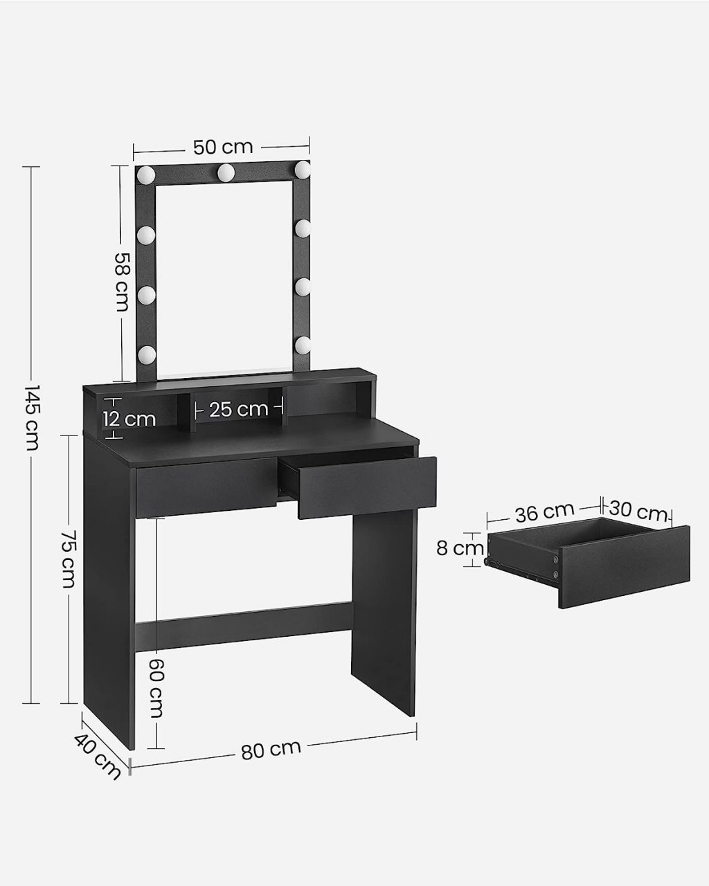 Masa de Toaleta cu oglinda Model Emery, Negru, 80x40x145 cm - 2 | YEO