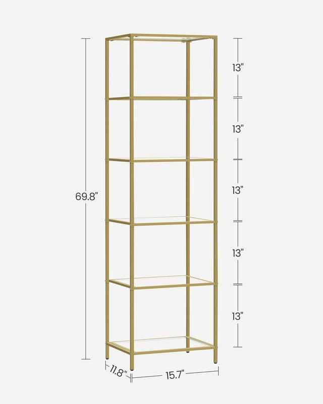 Raft cu 6 polițe de sticlă Model Emmalyn, Auriu, 40x30x177.3 cm - 2 | YEO