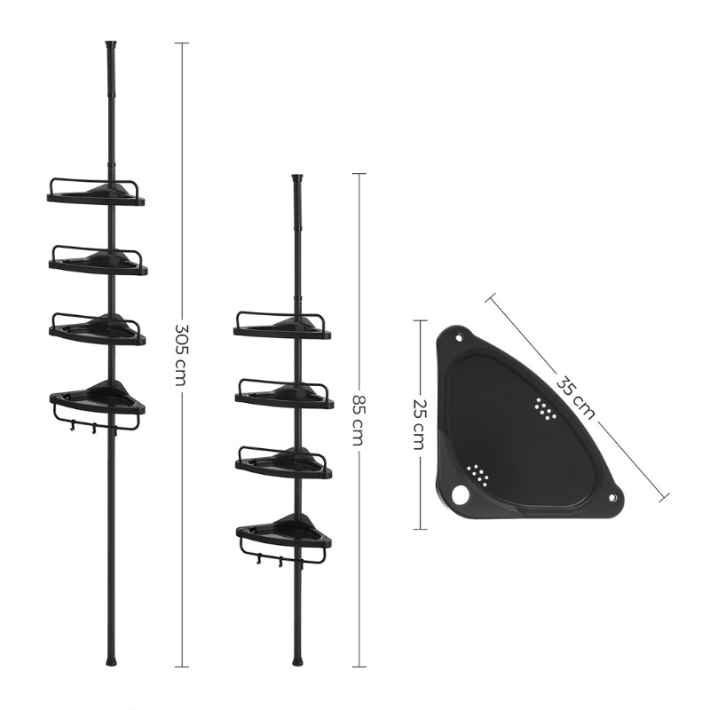 Raft de Colt Reglabil pentru Baie, cu Suport Telescopic pentru dus, 85-305 cm, de la podea pana la tavan, cu 4 Tavi, 3 Carlige, Negru