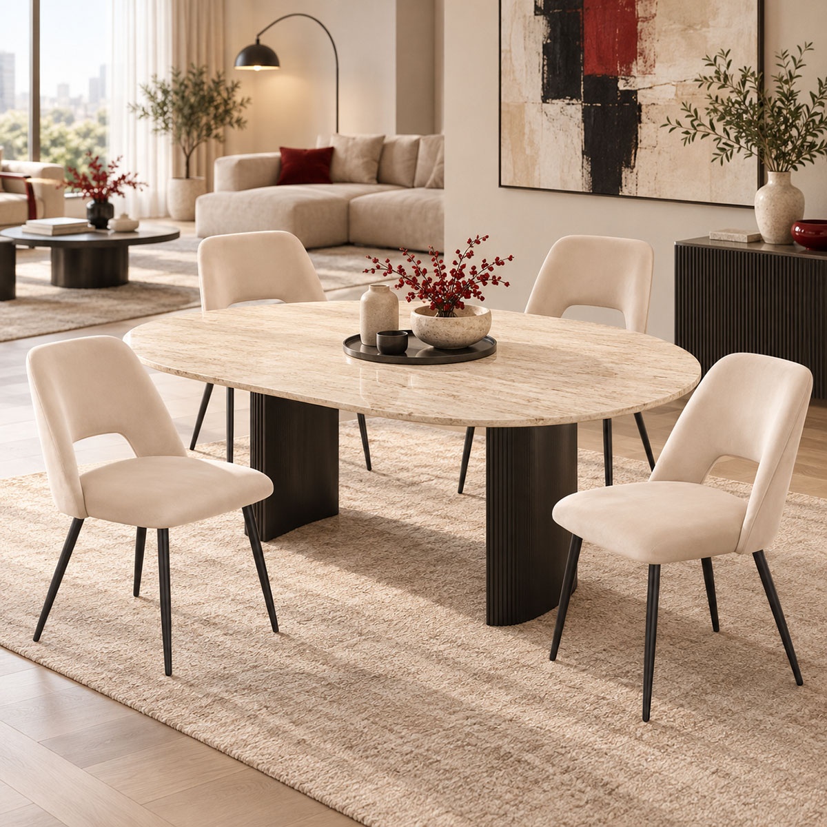 Scaun dining Nelda, tapițat cu catifea, Bej/Negru, 44 × 58 × 82 cm