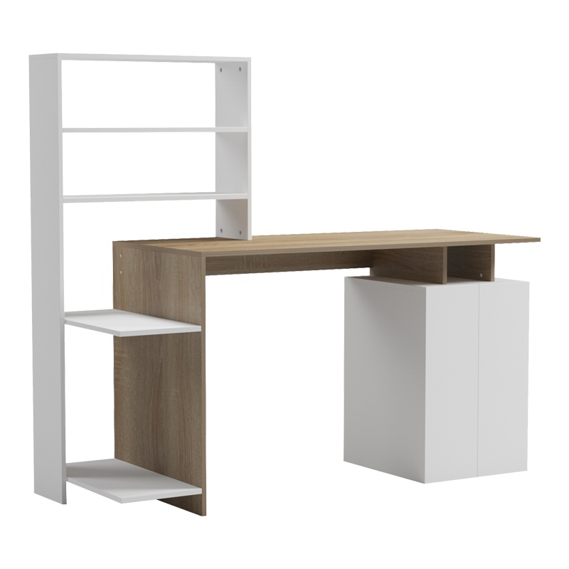 Birou cu biblioteca Model Meza, Stejar sonoma/Alb, 146.3x55x128.8 cm