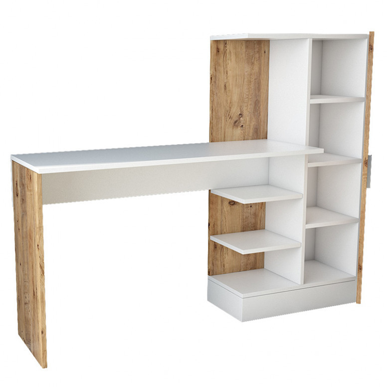 Birou cu Biblioteca Pako World, model Kary, 152.5x120x40 cm, Stejar/Alb - 2 | YEO