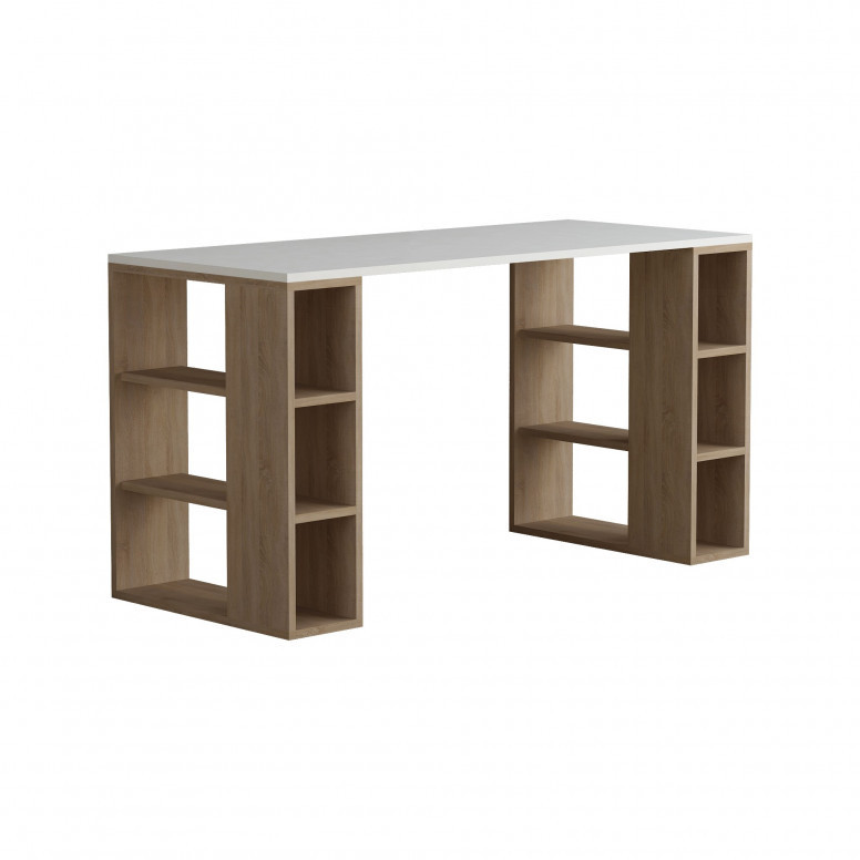 Birou cu Biblioteca Salvador, model Colmar, 140x75x60 cm, Alb/Stejar - 1 | YEO